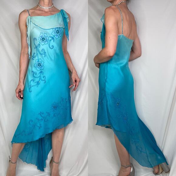 Cache beaded sequin floral slip dress Elsa ombre blue asymmetric fairy prom M - Picture 16 of 16